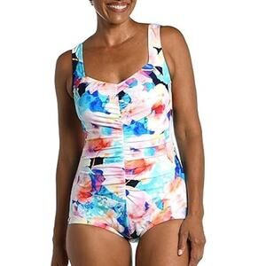 New Maxine Of Hollywood Womens Size 12 Floral Shirred Front One Piece Swimsuit